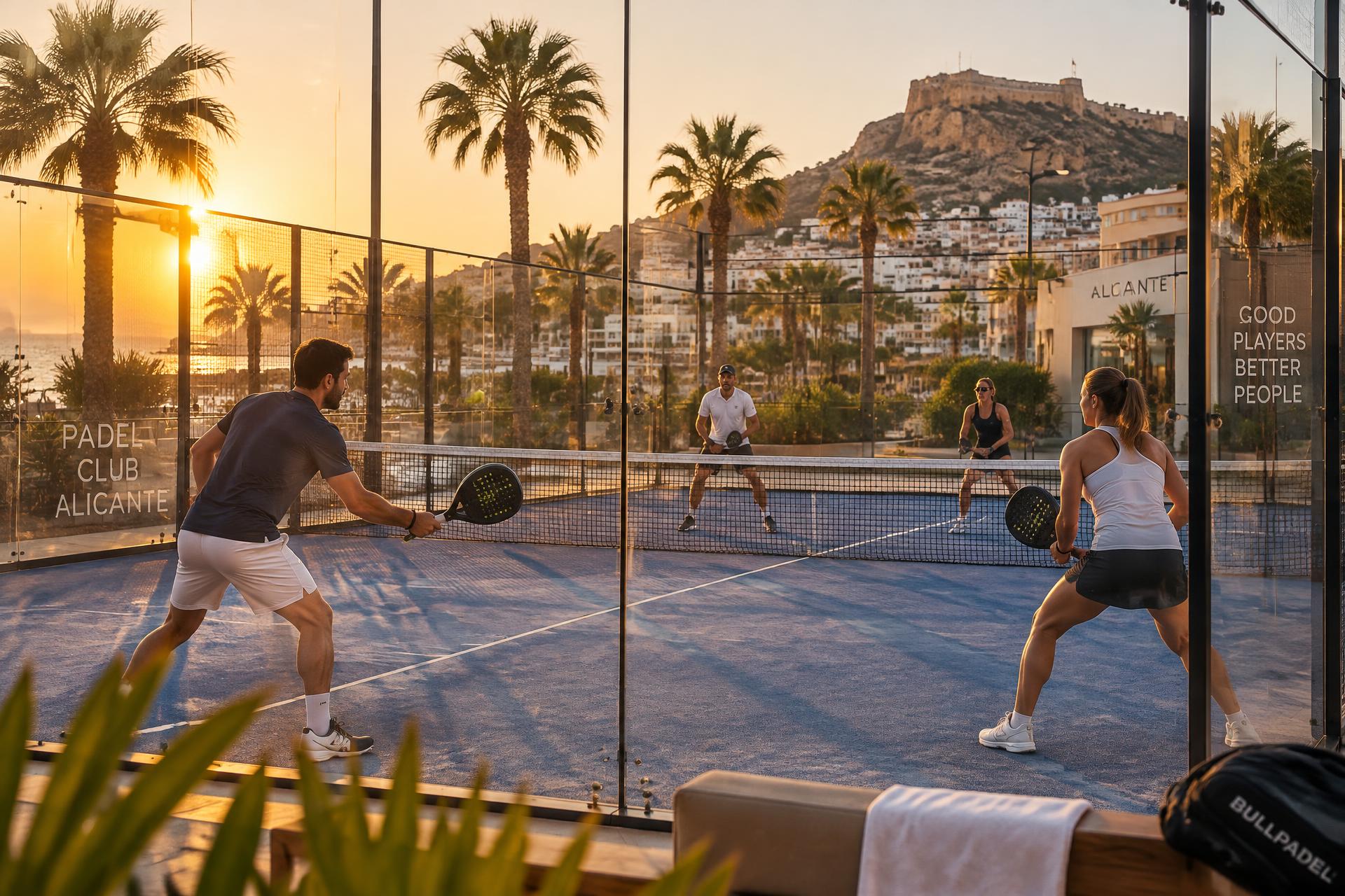 Padel players on an outdoor court in Alicante at golden hour