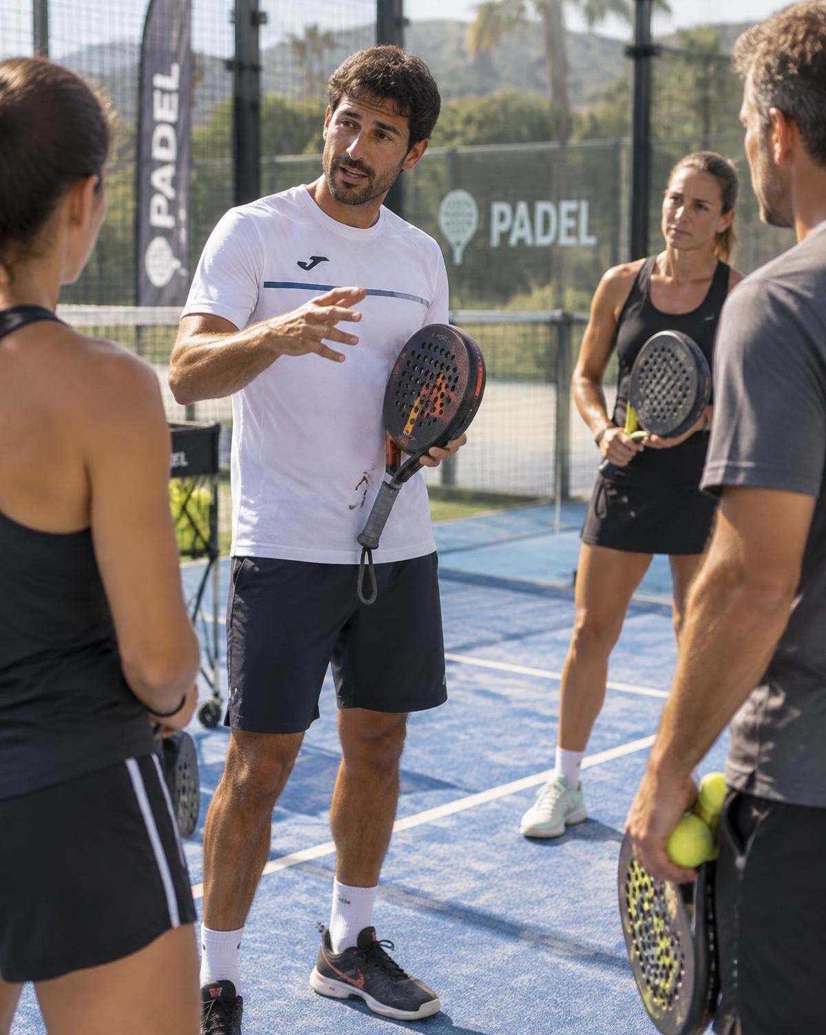 Spanish coach instructing a small group of padel players